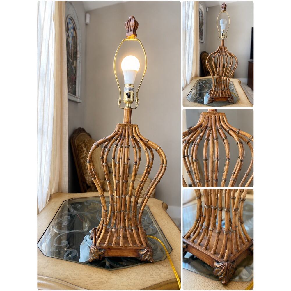 Hollywood Regency style bentwood rattan bamboo table lamp of wrought iron